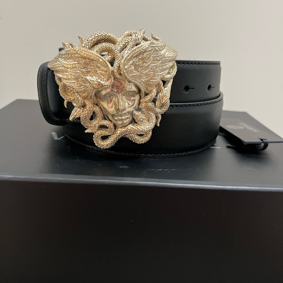 Versace Black Leather Belt with Gold Medusa Buckle